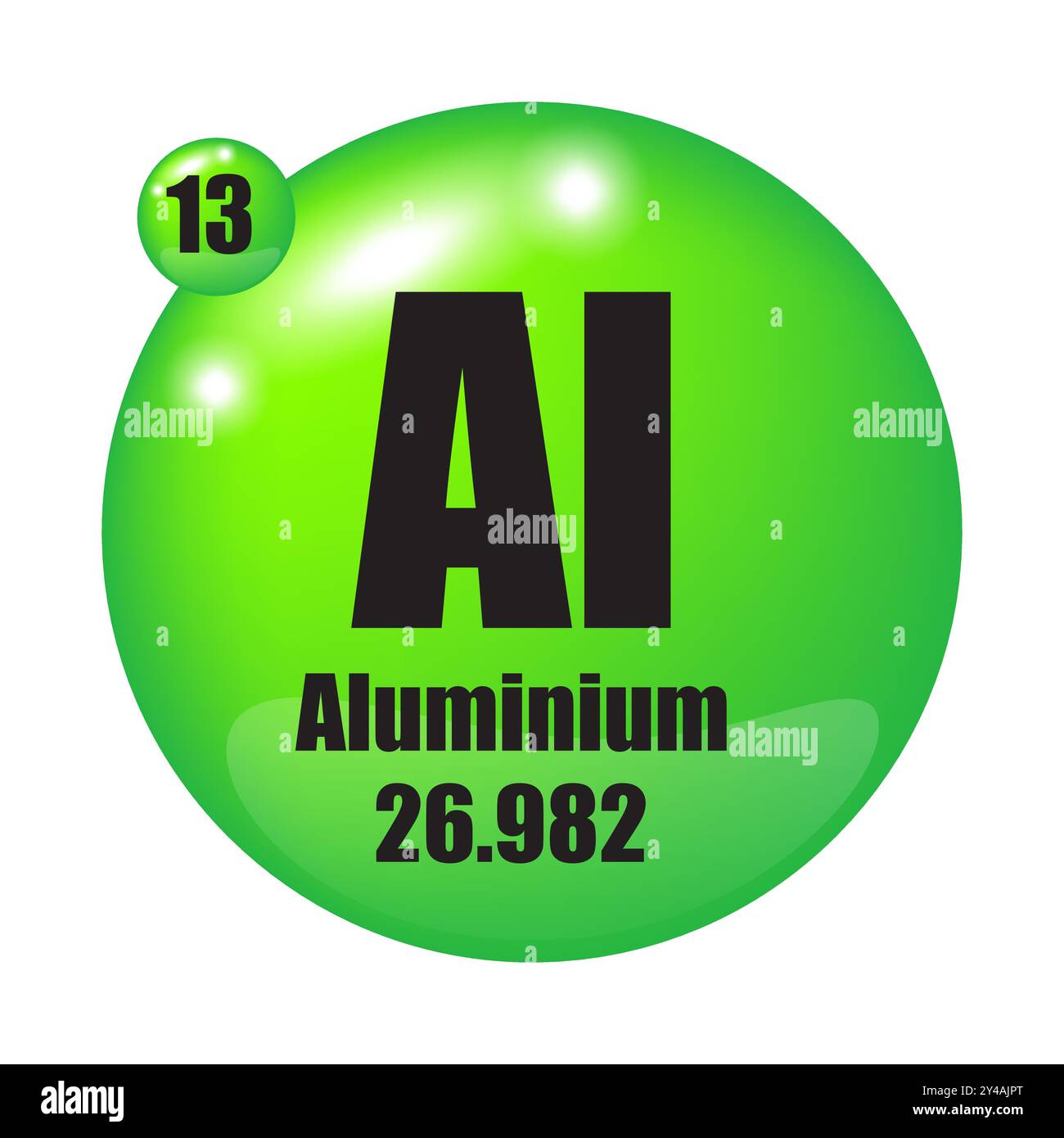 Icona elemento in alluminio. Numero atomico 13. Massa atomica 26.982. Simbolo circolare verde. Illustrazione Vettoriale