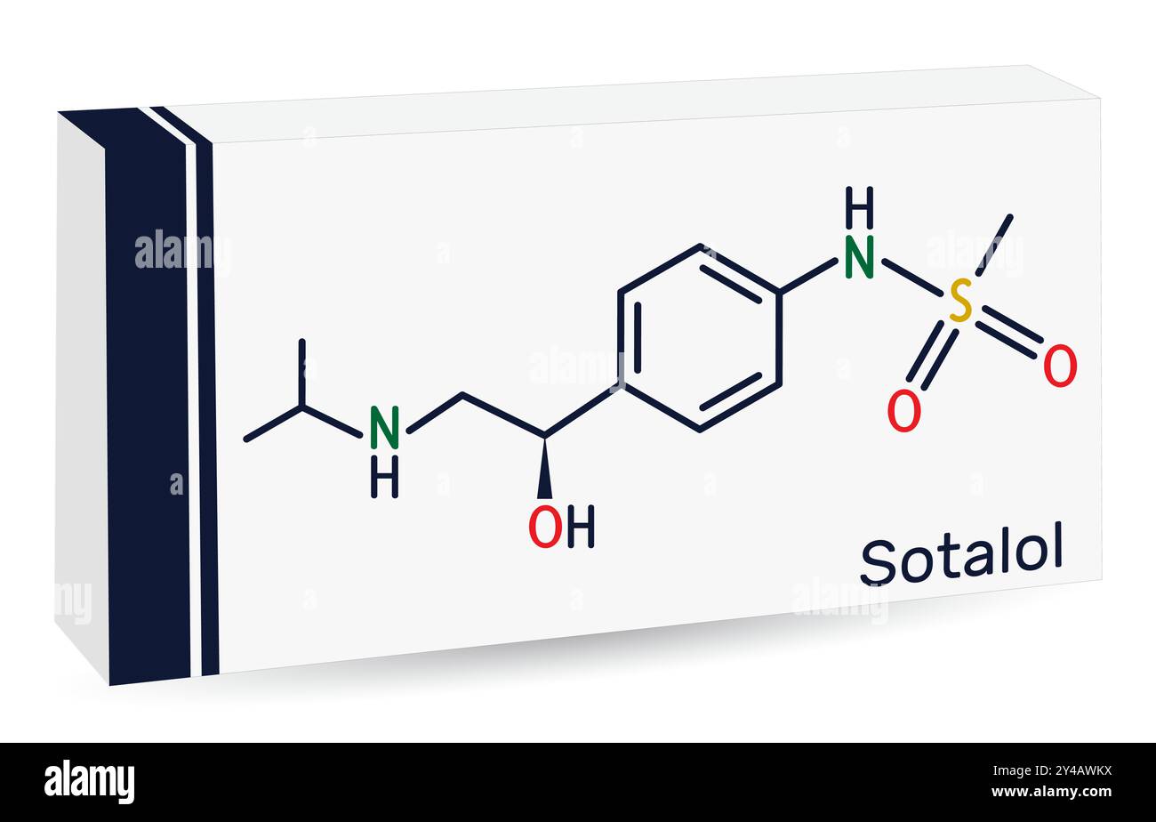Molecola del farmaco sotalolo. Utilizzato per trattare e prevenire ritmi cardiaci anomali. Formula chimica scheletrica. Imballaggio di carta per farmaci. Illustrazione vettoriale Illustrazione Vettoriale