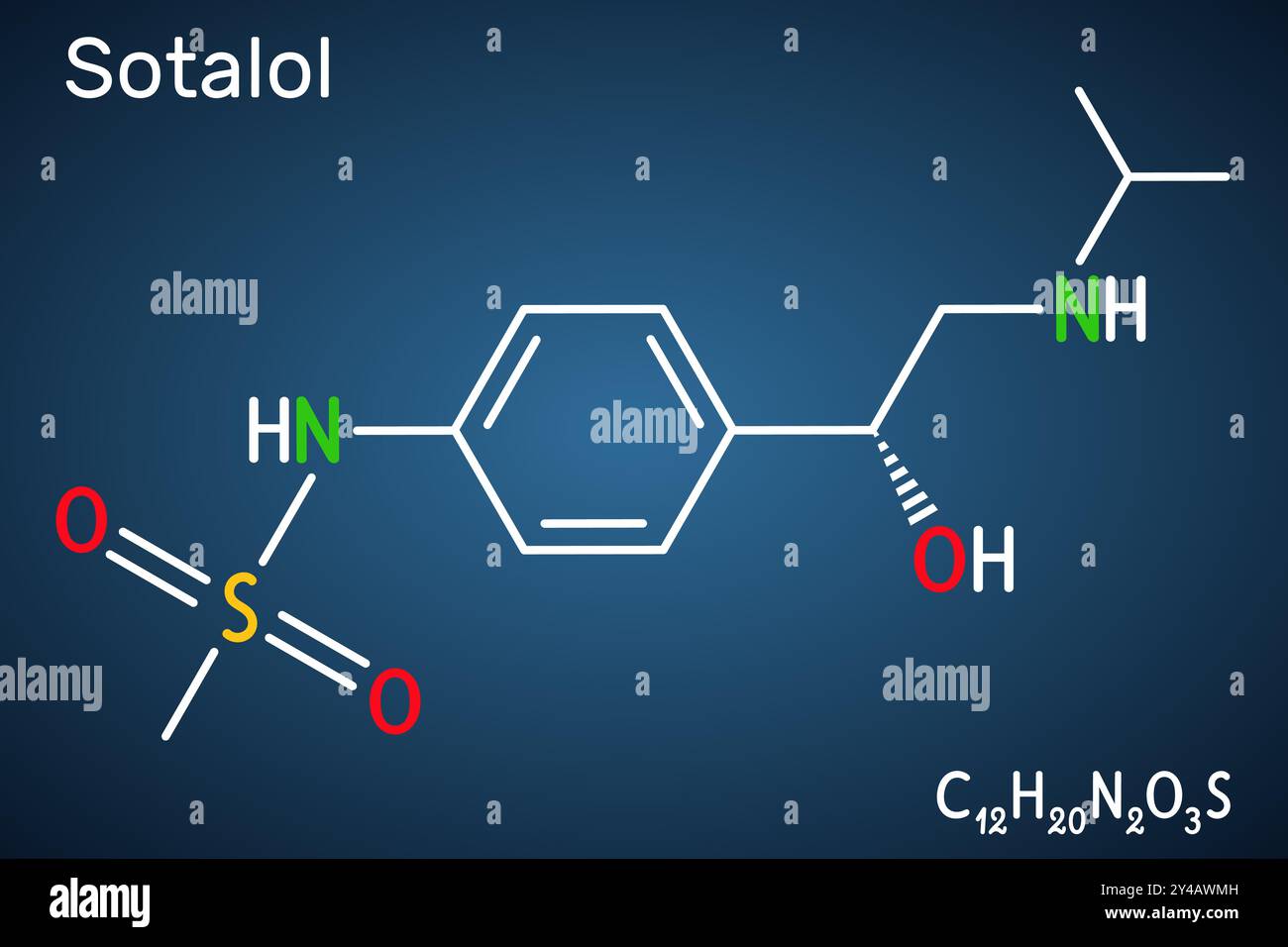 Molecola del farmaco sotalolo. Utilizzato per trattare e prevenire ritmi cardiaci anomali. Formula chimica strutturale, sfondo blu scuro. Illustrazione vettoriale Illustrazione Vettoriale