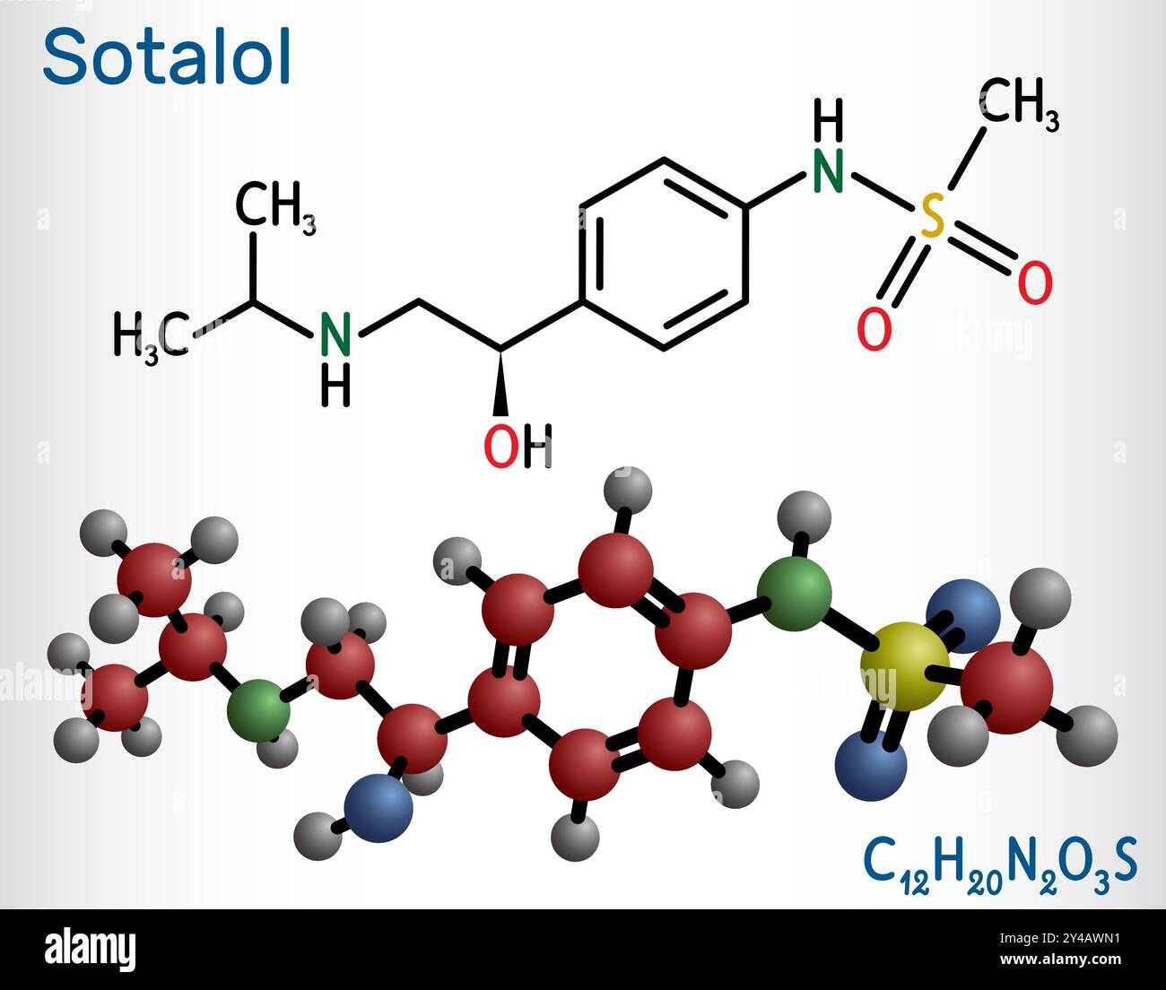 Molecola del farmaco sotalolo. Utilizzato per trattare e prevenire ritmi cardiaci anomali. Formula chimica strutturale, modello molecolare. Vettore Illustrazione Vettoriale