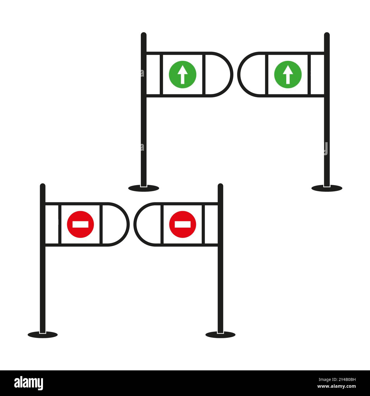 Set di icone tornello. Freccia verde e segnali di divieto di accesso rossi. Cancelli di ingresso e uscita. Progettazione vettoriale. Illustrazione Vettoriale