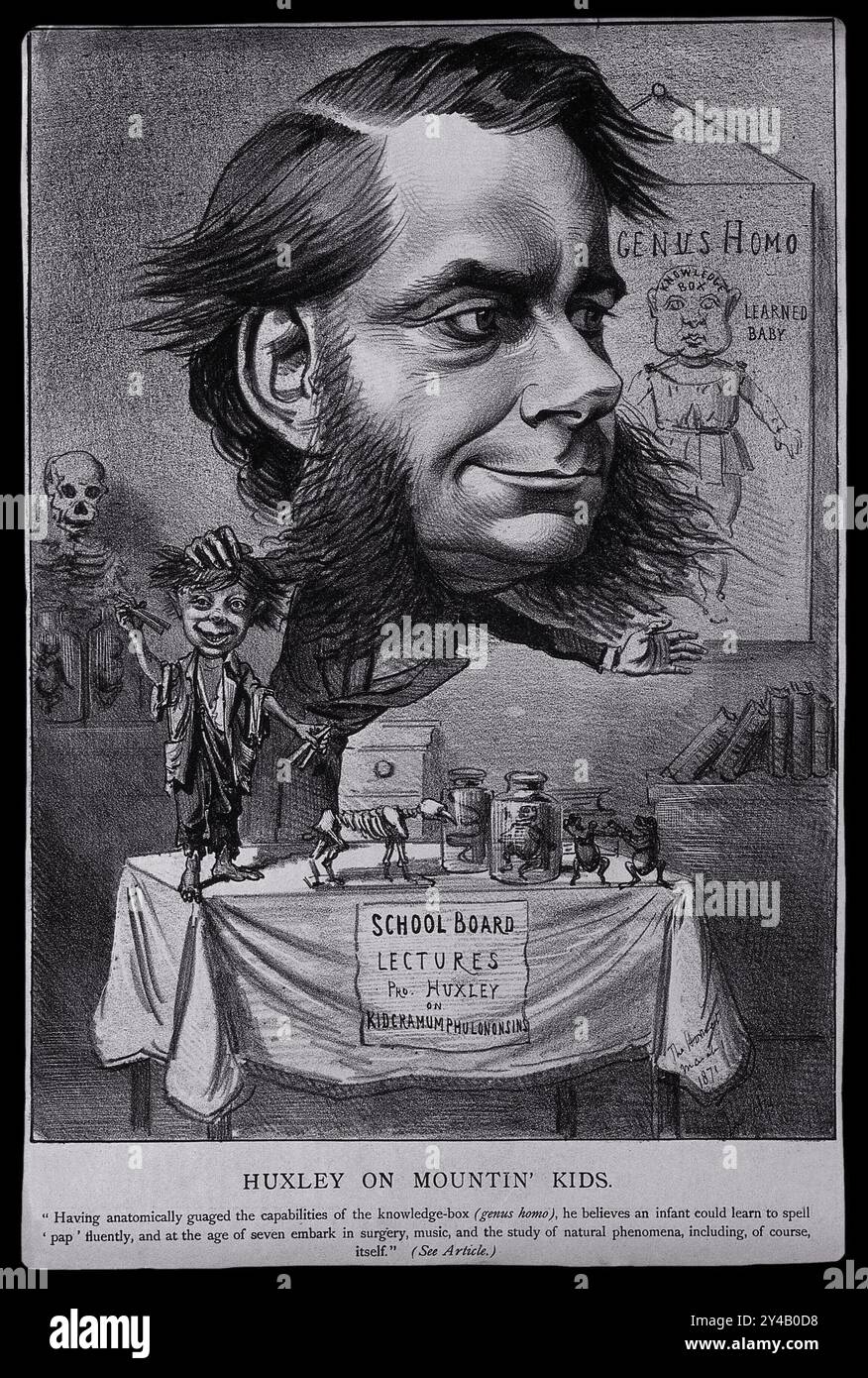L'opera presenta Thomas Henry Huxley in una caricatura, illustrando il suo sostegno all'evoluzione durante una conferenza. L'ambientazione include oggetti di scena legati al suo lavoro scientifico. Foto Stock