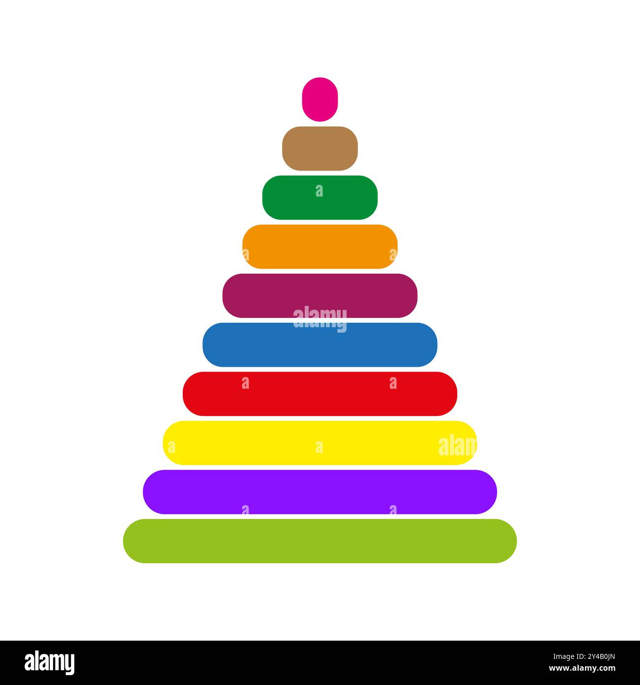 Colorato giocattolo piramidale. Anelli arcobaleno impilati. Un brillante puzzle per bambini. Vettoriale didattico multicolore. Illustrazione Vettoriale