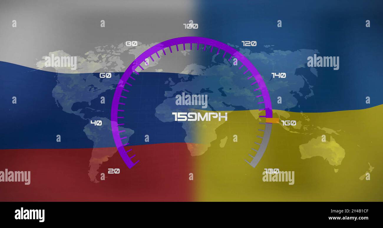 Tachimetro che mostra 97 KM/H sulla mappa mondiale con bandiere russe e ucraine Foto Stock