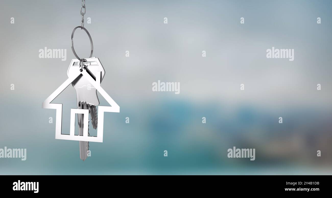 Immagine del portachiavi a forma di casa su sfondo sfocato Foto Stock