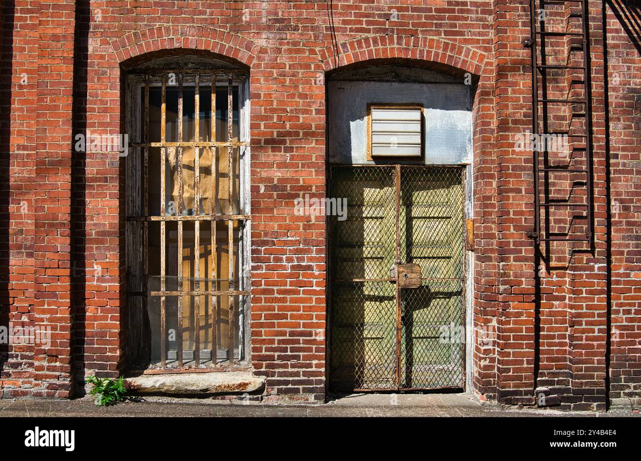 Porta vecchia e finestra con bar su un edificio abbandonato Foto Stock