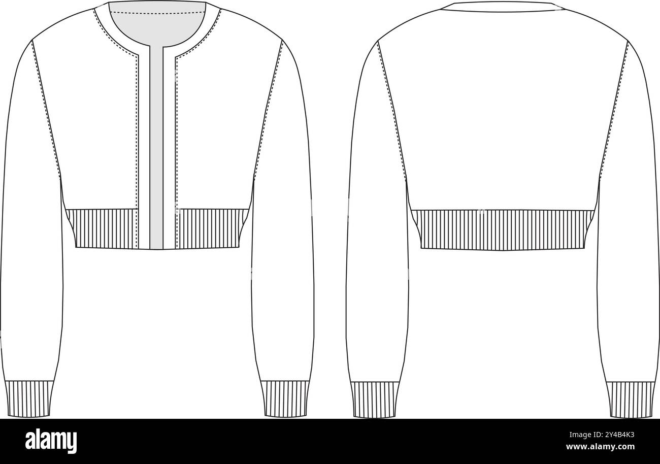 Giacca Cardigan corta a manica lunga a coste girocollo disegno tecnico, disegno piatto Illustrazione Vettoriale