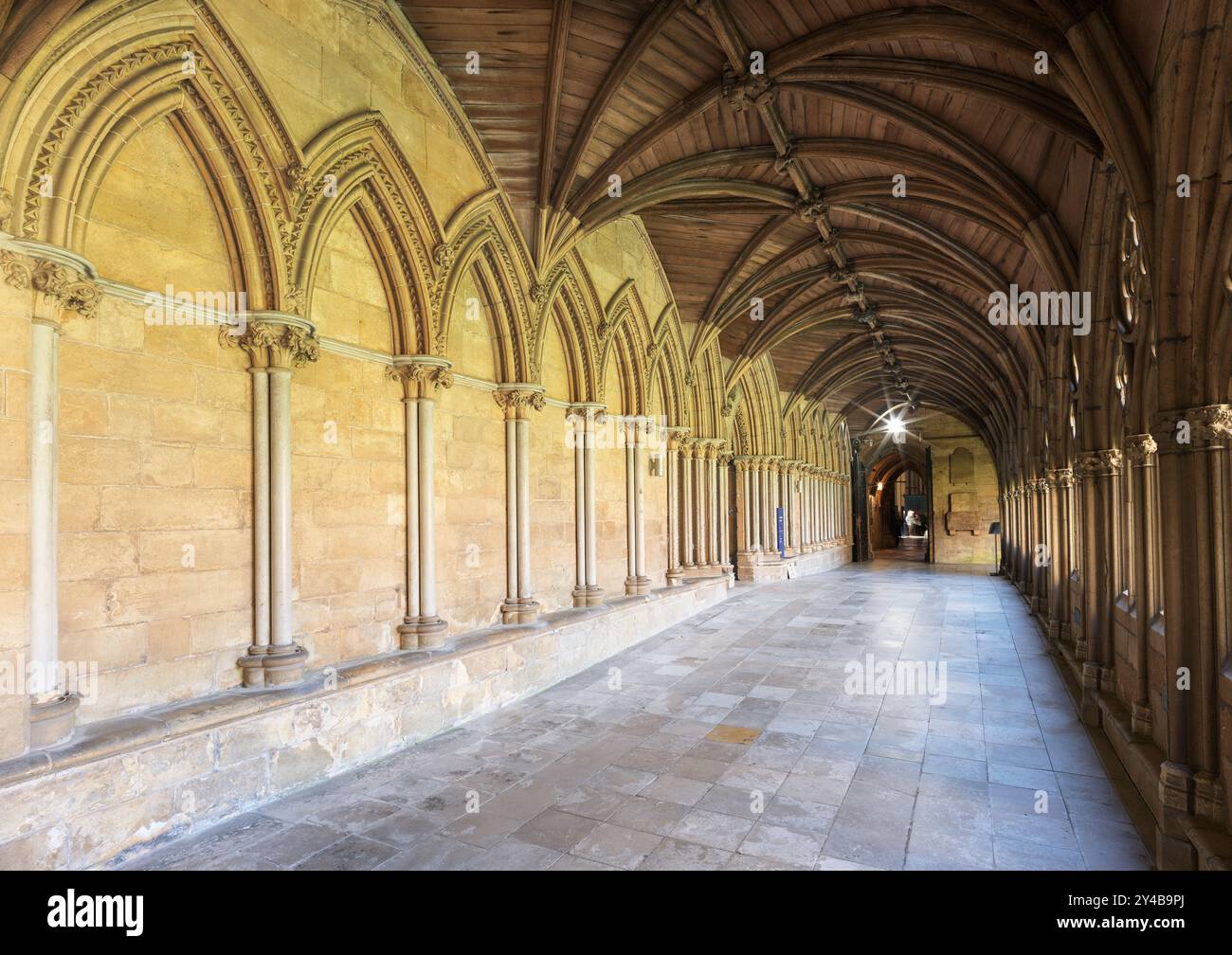 Passerella coperta intorno al giardino del chiostro nella cattedrale di Lincoln, in Inghilterra. Foto Stock