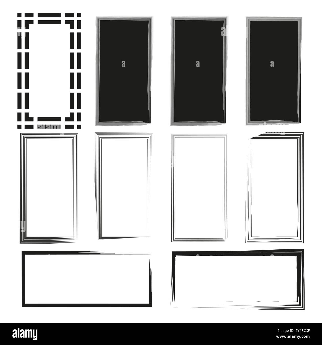 Collezione di cornici rettangolari. Disegni geometrici dei bordi. Bordi decorativi in bianco e nero. Set grafico vettoriale. Illustrazione Vettoriale