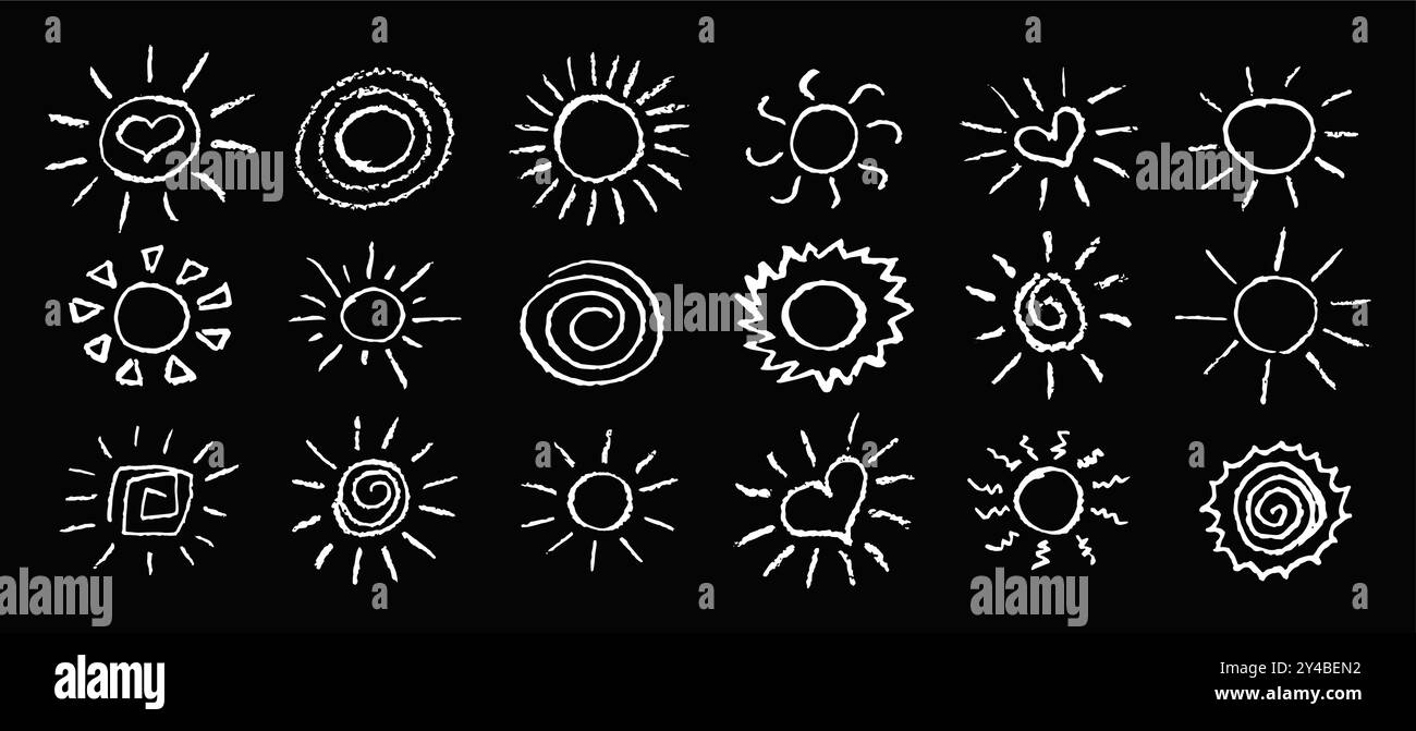 Un set di divertimento come il bambino che disegna il sole bianco. Collezione dipinta con pastelli pastello o icone assolate a cera. Simboli del cielo estivo. Consistenza grezza del gesso Illustrazione Vettoriale