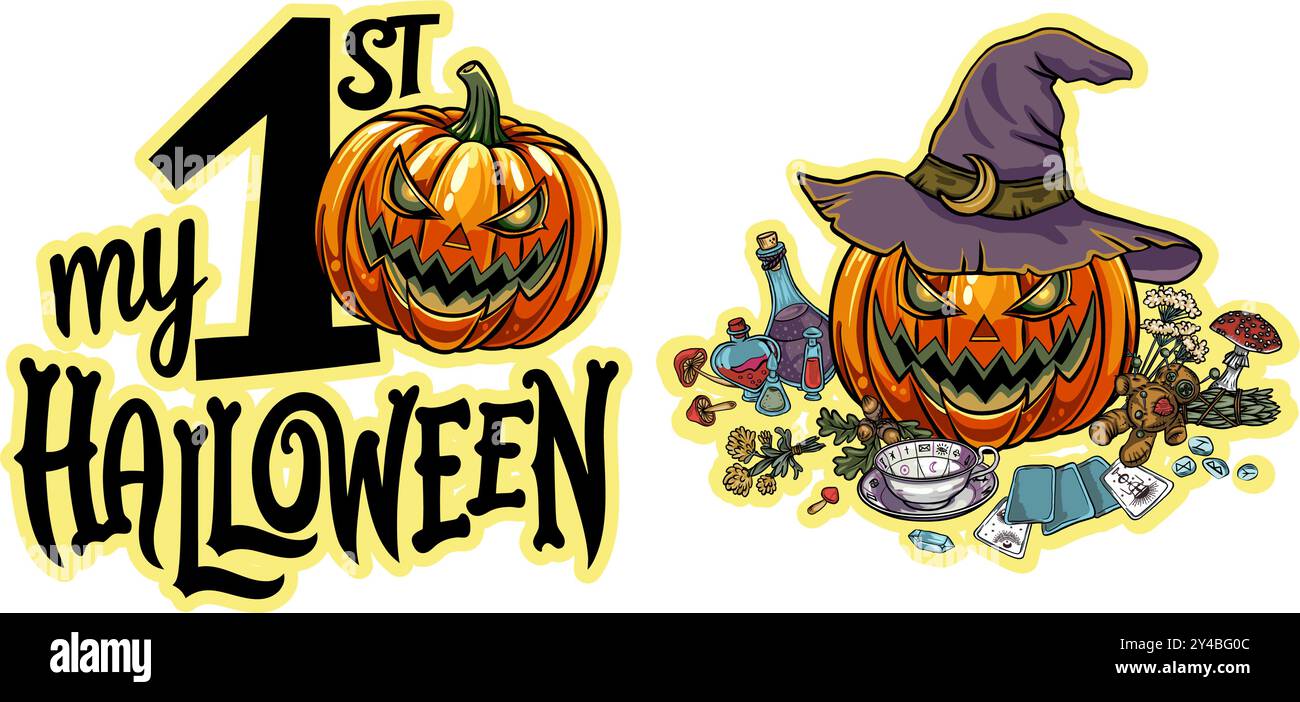 Set di biglietti d'auguri di Halloween. Inviti per feste o poster. Illustrazione Vettoriale