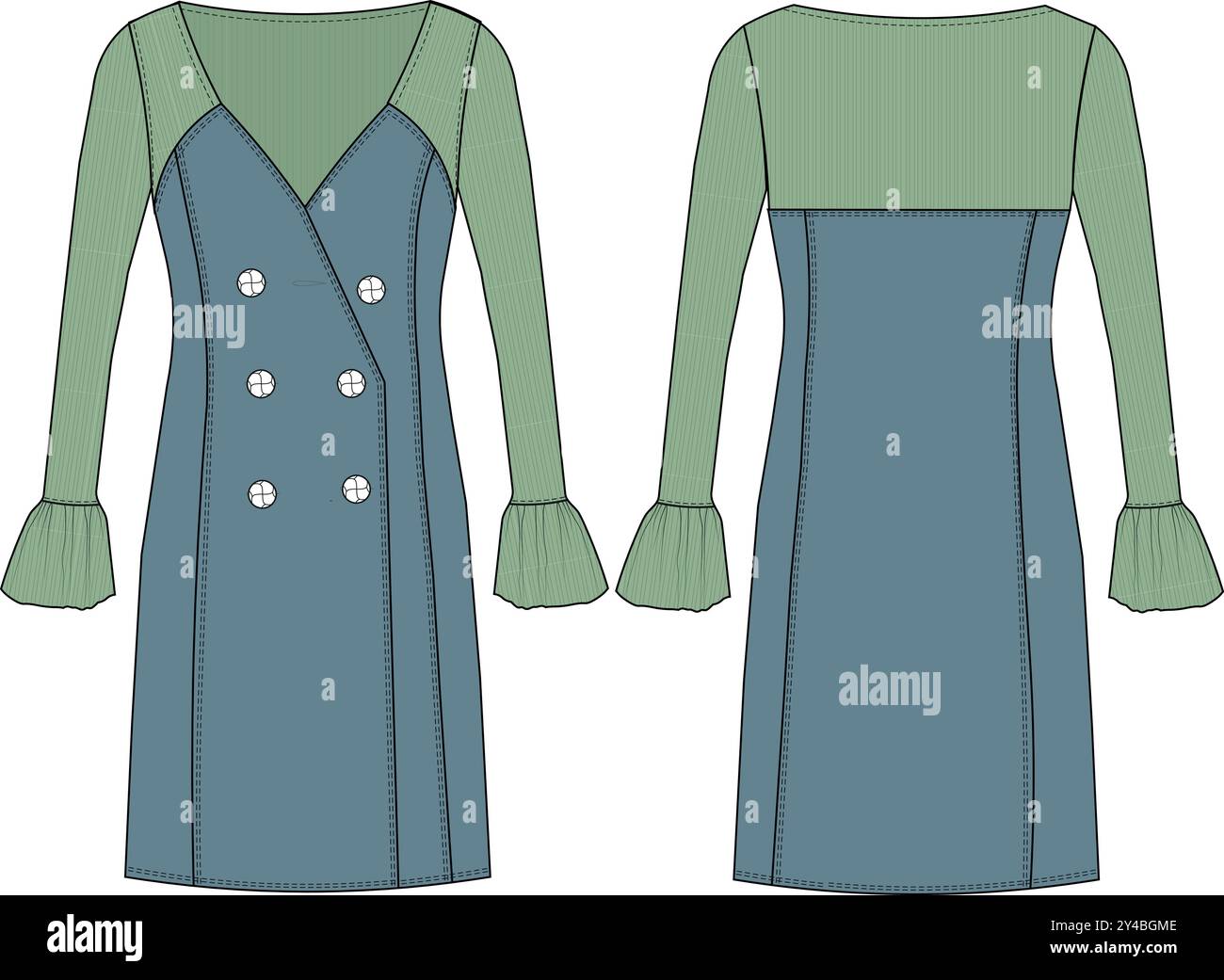 abito con scollo a v con volant e collo a manica lunga disegno tecnico modello schizzo piatto donna denim moda jean Illustrazione Vettoriale