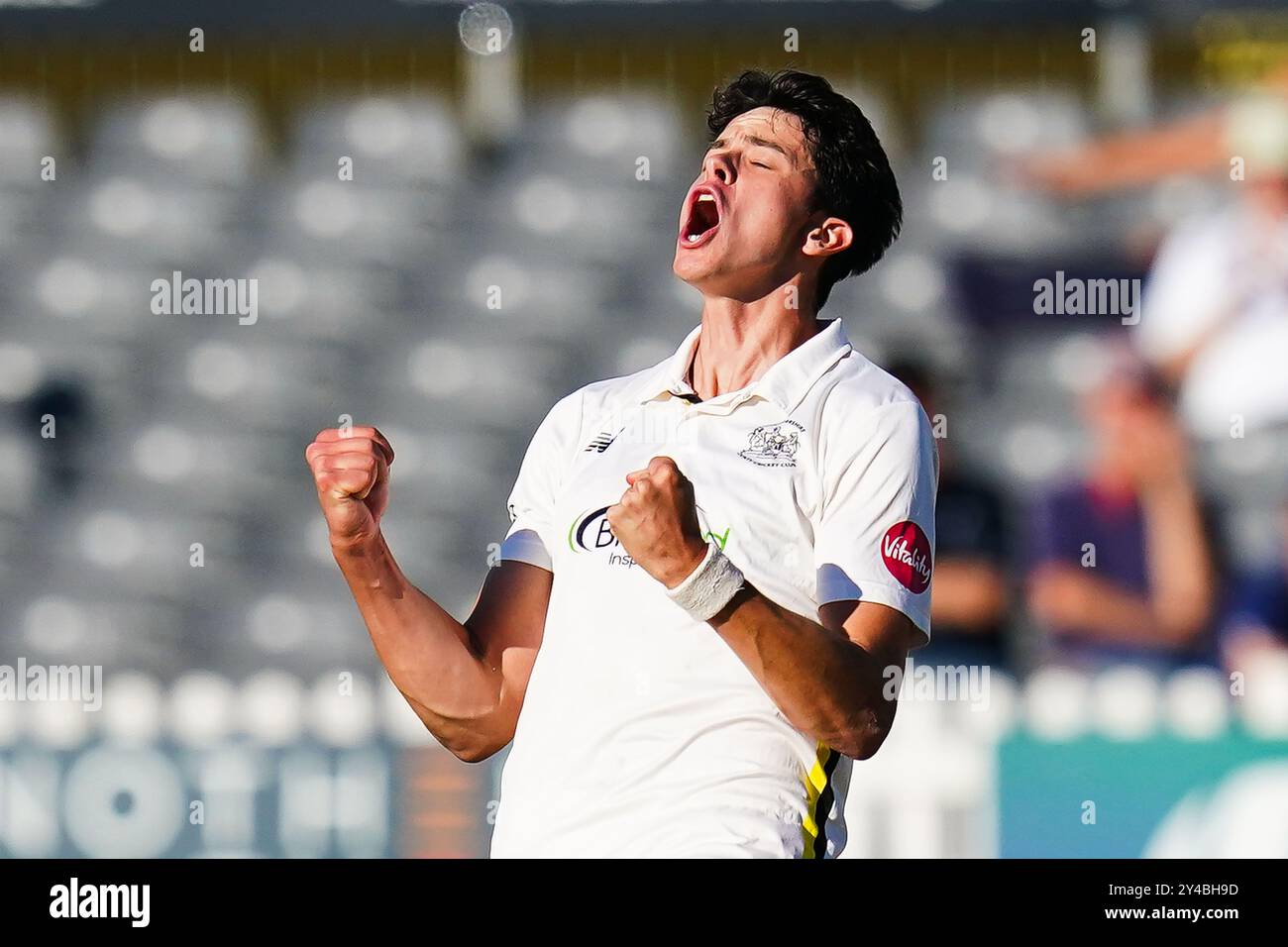 Bristol, Regno Unito, 17 settembre 2024. Dominic Goodman di Gloucestershire celebra il wicket di Tom Haines del Sussex durante il Vitality County Championship Division Two match tra Gloucestershire e Sussex. Crediti: Robbie Stephenson/Gloucestershire Cricket/Alamy Live News Foto Stock