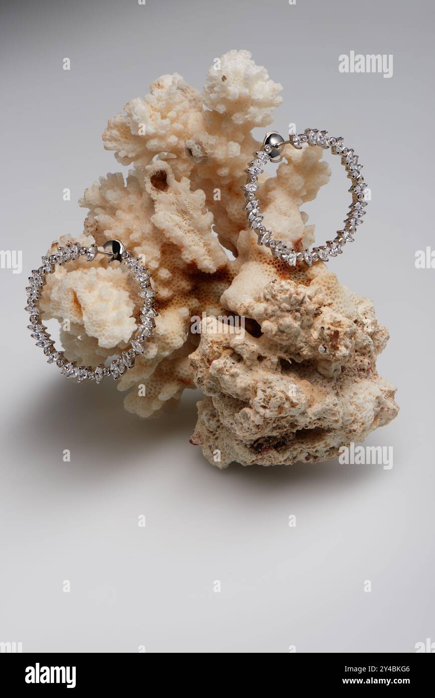 Orecchini delicati con diamanti sulla barriera corallina e sfondo chiaro. Concetto di amore e matrimonio. Foto Stock