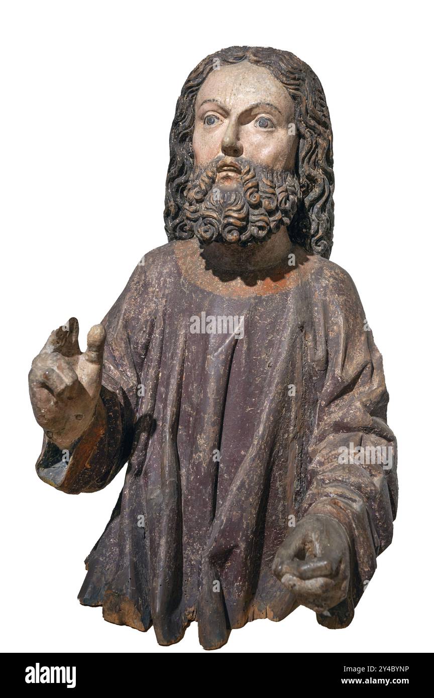 Figura di Gesù sulla palma, intorno al 1470, su sfondo bianco, resti solo del corpo, Museo Strigel, Martin-Luther-Platz 1, Memmingen, Svevia, Bava Foto Stock