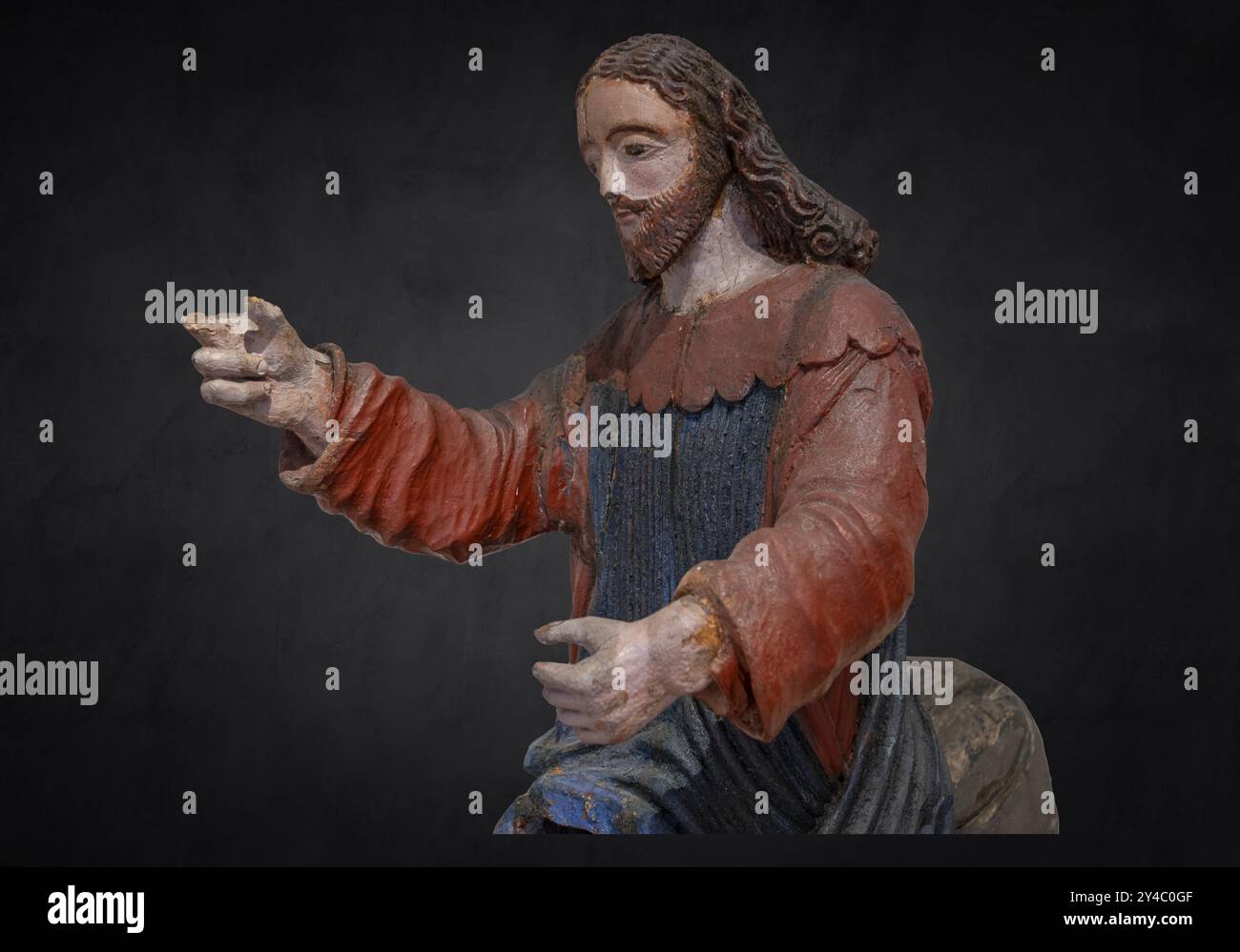 Cristo sull'asino di palma, su sfondo scuro, dettaglio, figura in legno del 1400 circa, Museo Bezau, Vorarlberg, Austria, Europa Foto Stock