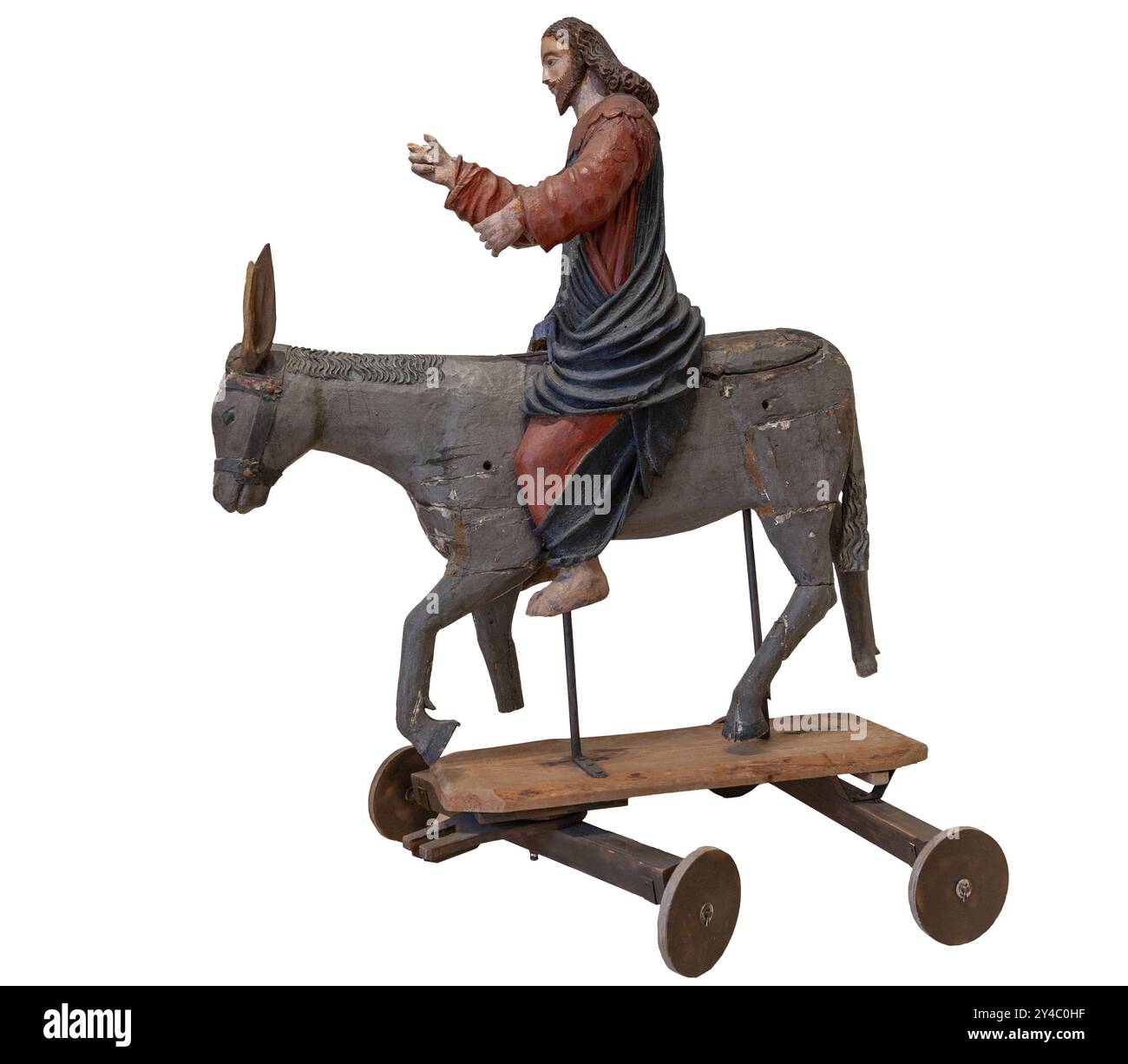 Cristo sulla palma asino, su sfondo bianco, figura lignea del 1400 circa, Museo Bezau, Vorarlberg, Austria, Europa Foto Stock