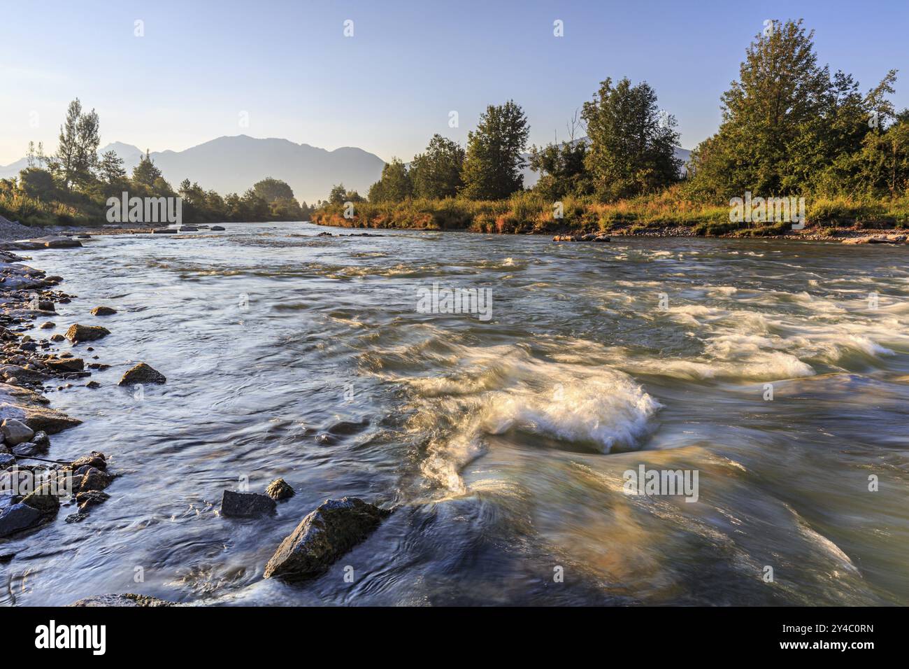 Rapide in un fiume, luce mattutina, montagne, lunga esposizione, Loisach, vicino a Grossweil, Baviera, Germania, Europa Foto Stock