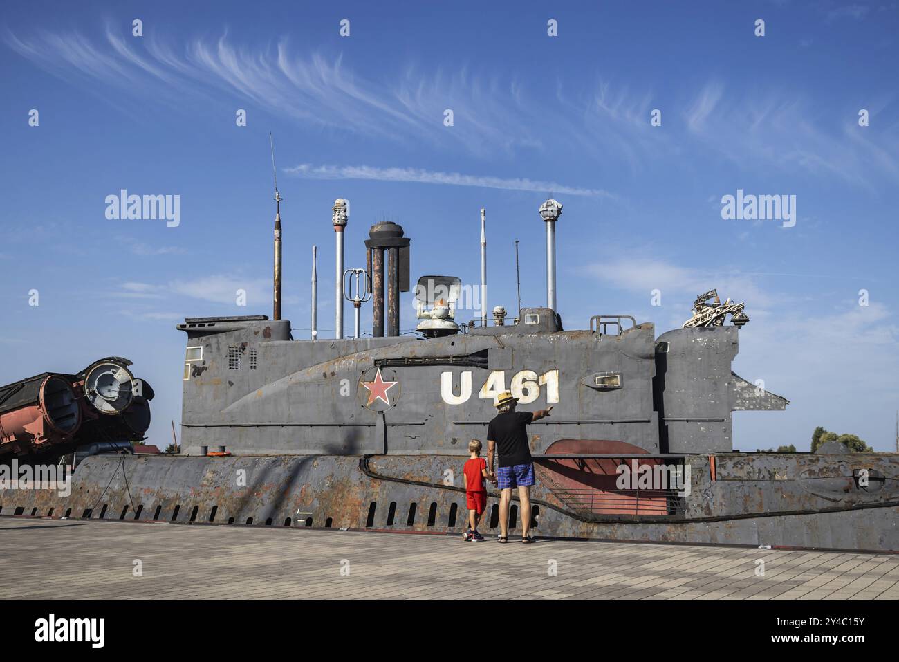 Sottomarino JULIETT U-461, ex sottomarino russo, attrazione turistica nel Museo marittimo di Peenemuende, isola di Usedom, Meclemburgo-Pomerania occidentale Foto Stock