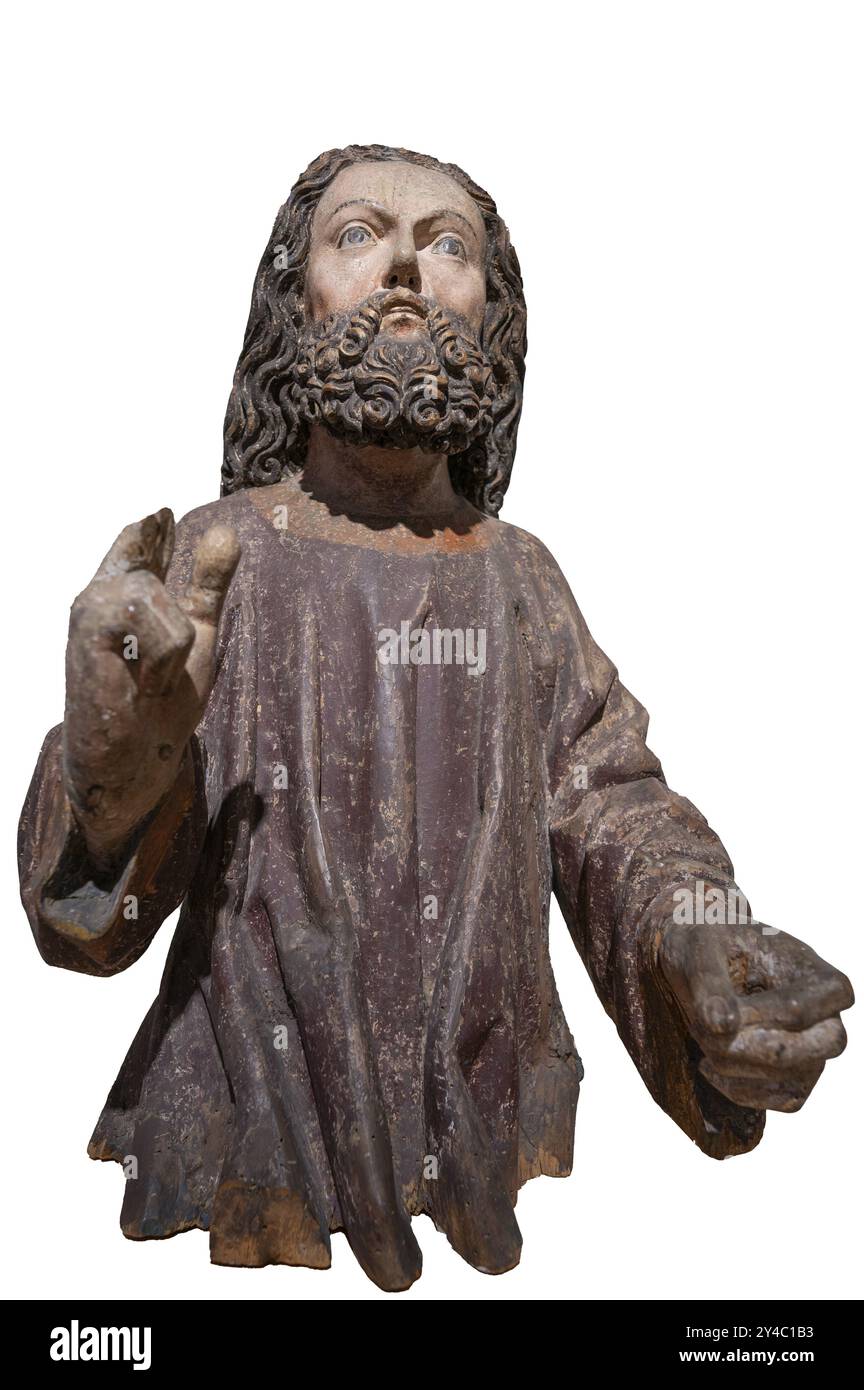 Figura di Gesù, intorno al 1470, su sfondo bianco, rimane solo il corpo dell'asino di palma, il Museo Strigel, Martin-Lutero-Platz 1, Memmingen, Swabi Foto Stock