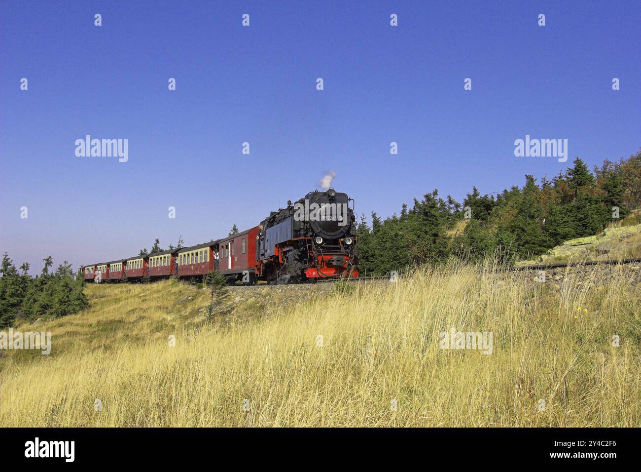 HSB, ferrovia a scartamento ridotto Harz, locomotiva, motore a vapore, fumo, HSB Railway, Brockenbahn, Harz, trasporti, traffico, ferrovia Foto Stock