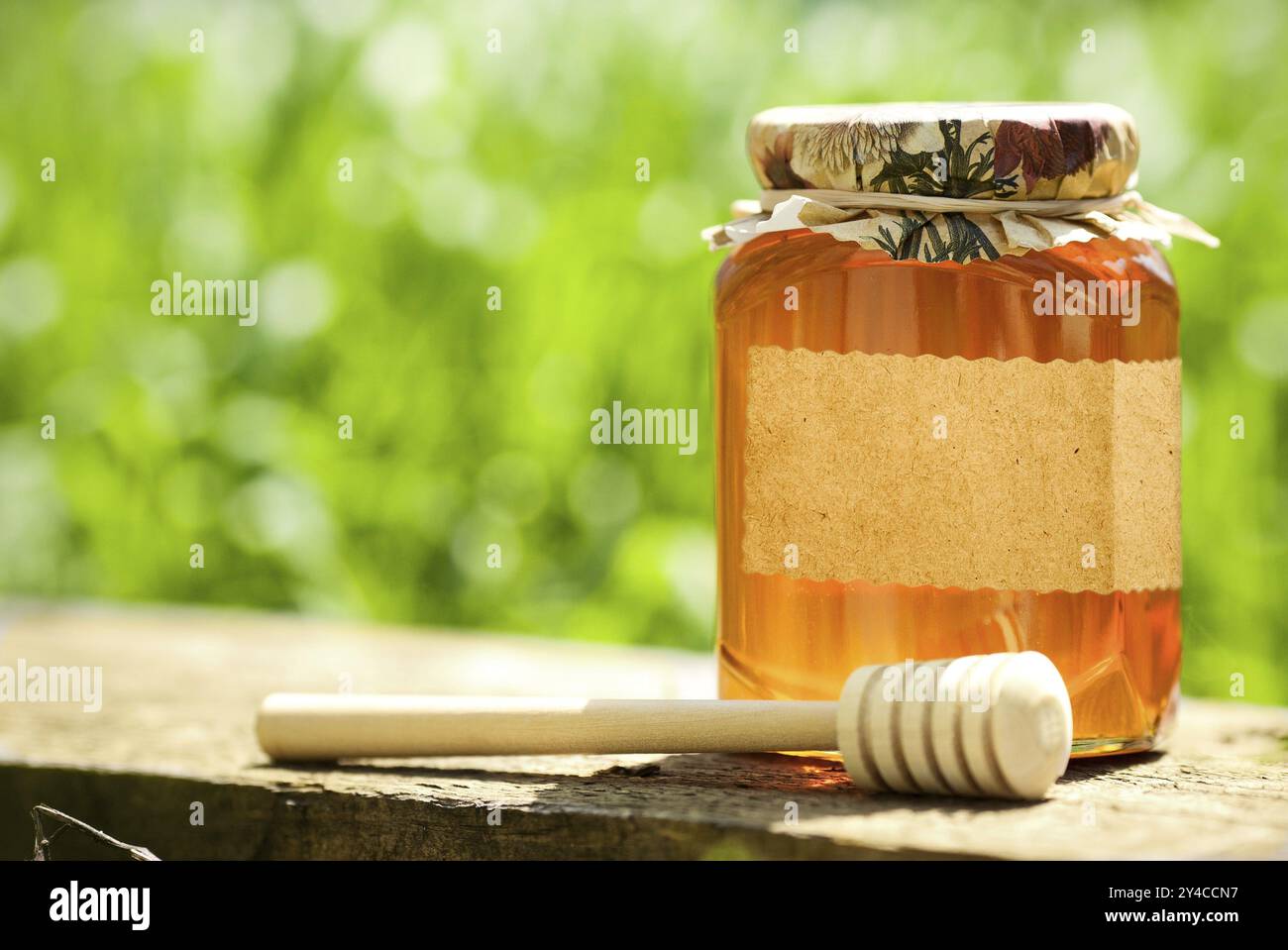 Vaso di miele con etichetta di carta bianca e bastoncino di legno sul tavolo su sfondo verde naturale primaverile Foto Stock