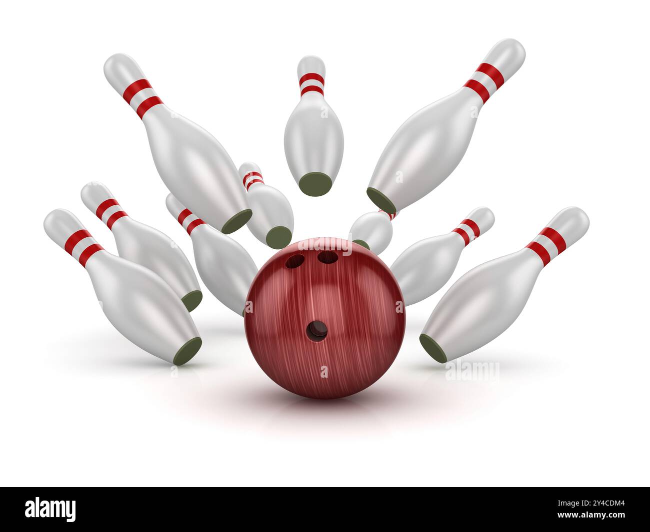 Palla da bowling che si schianta contro i perni, si tratta di un'immagine generata dal computer e resa in 3d. Foto Stock