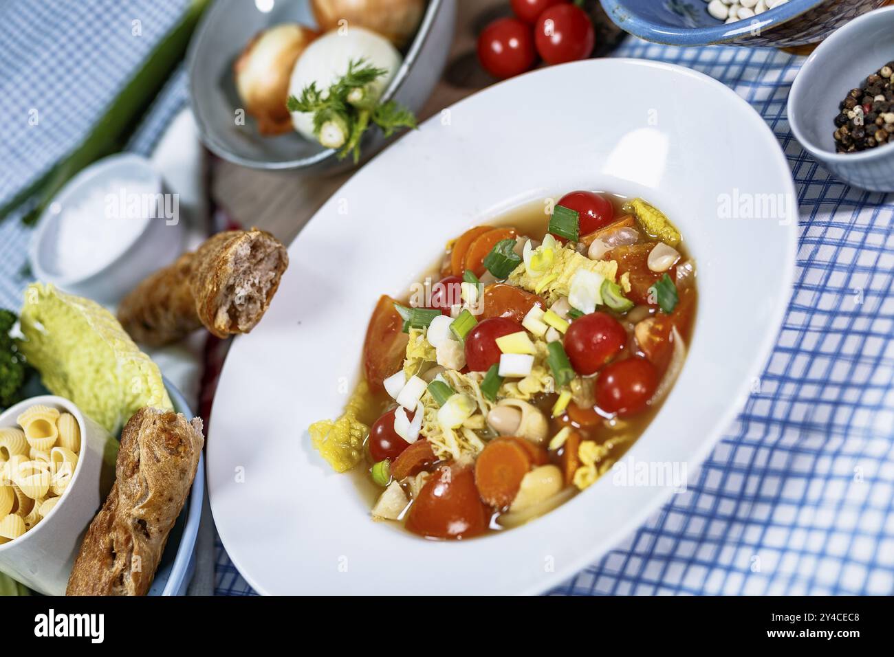 Minestrone con cavolo della savoia, carote, fagioli di Thracia phaseolina, cobbettis e pomodori Foto Stock