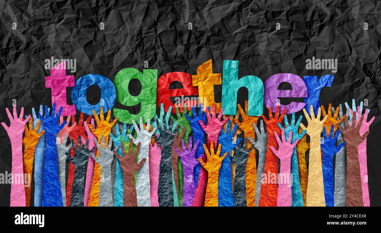 Integrare persone diverse insieme e cittadini diversi concetto unito e lavorare in squadra come simbolo di sostegno comunitario e culturale Foto Stock