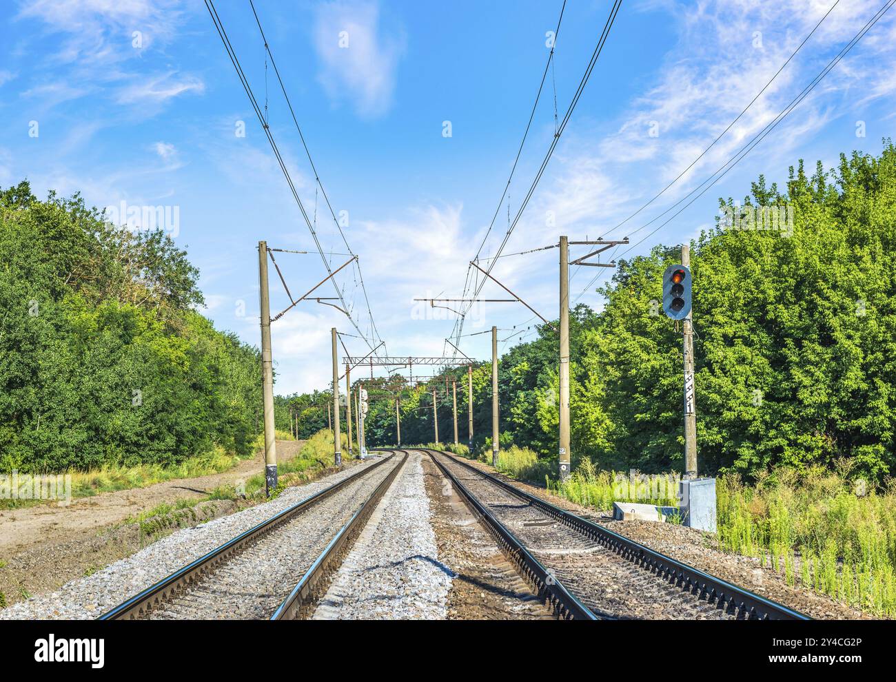 Semaforo sulla ferrovia in piena estate Foto Stock