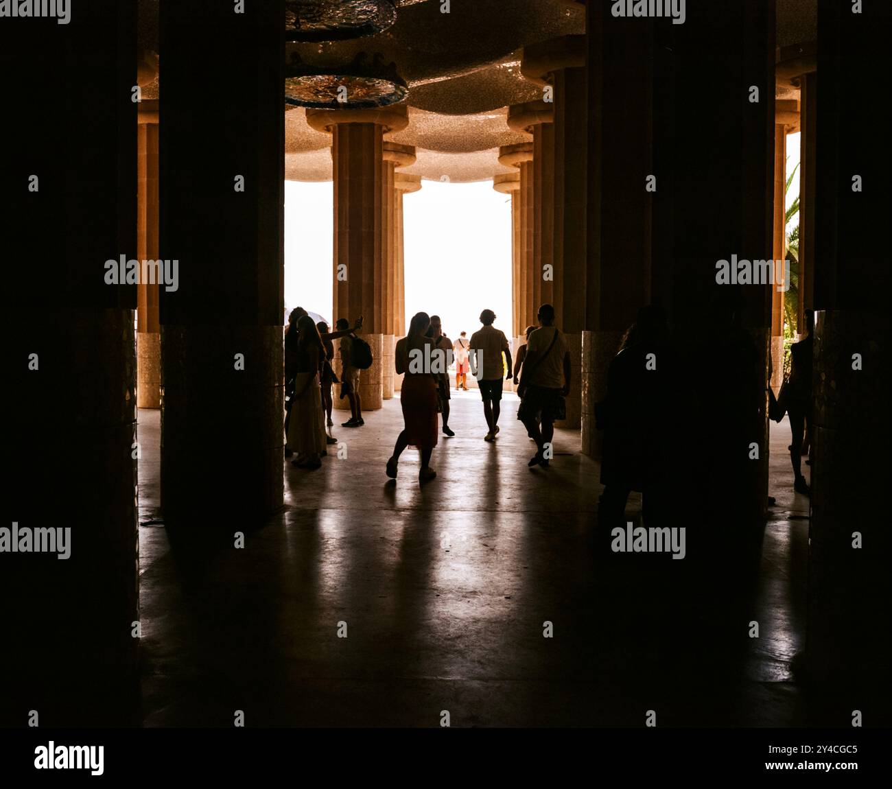Hypostyle Hall, Park Güell, Barcellona, Catalogna, Spagna, Europa. Foto Stock