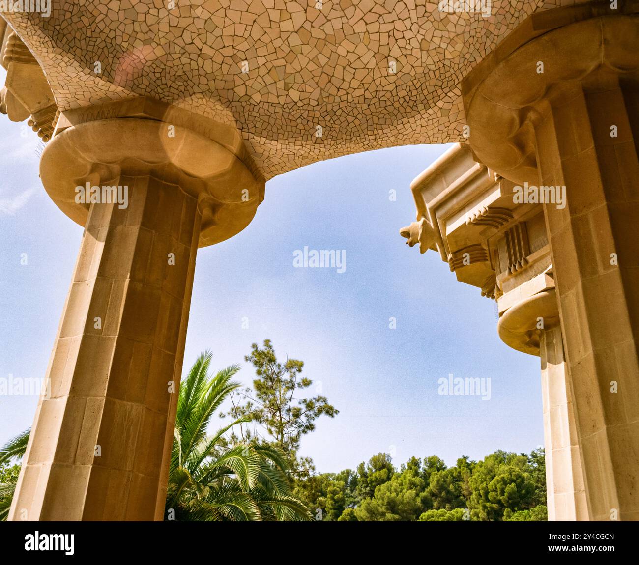 Hypostyle Hall, Park Güell, Barcellona, Catalogna, Spagna, Europa. Foto Stock