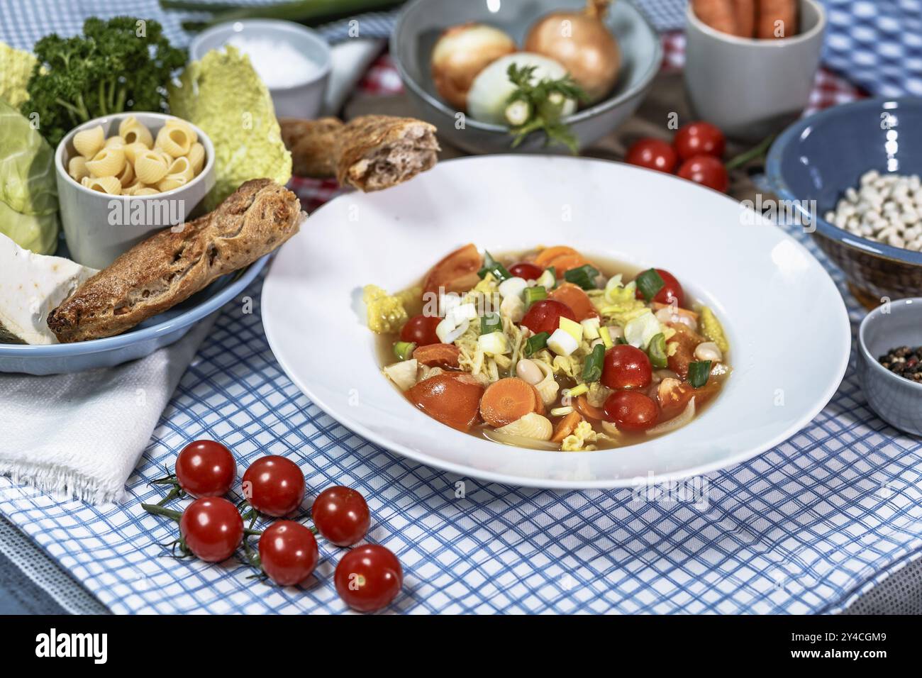 Minestrone con cavolo della savoia, carote, fagioli di Thracia phaseolina, cobbettis e pomodori Foto Stock