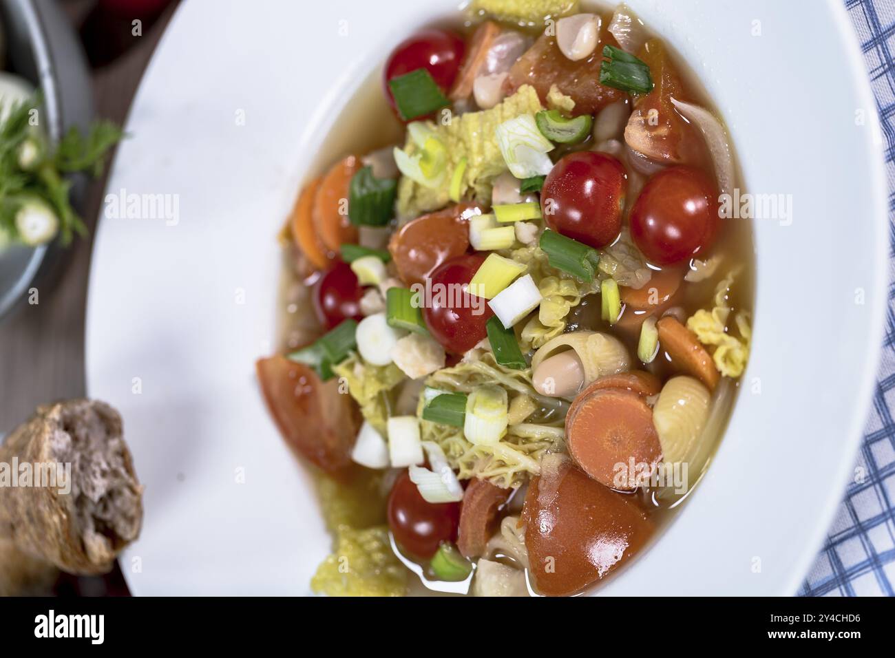 Minestrone con cavolo della savoia, carote, fagioli di Thracia phaseolina, cobbettis e pomodori Foto Stock