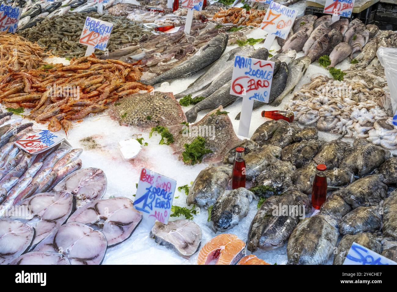 Bancarelle di mercato in un mercato del pesce a Napoli, in Italia, con una vasta selezione, in Europa Foto Stock