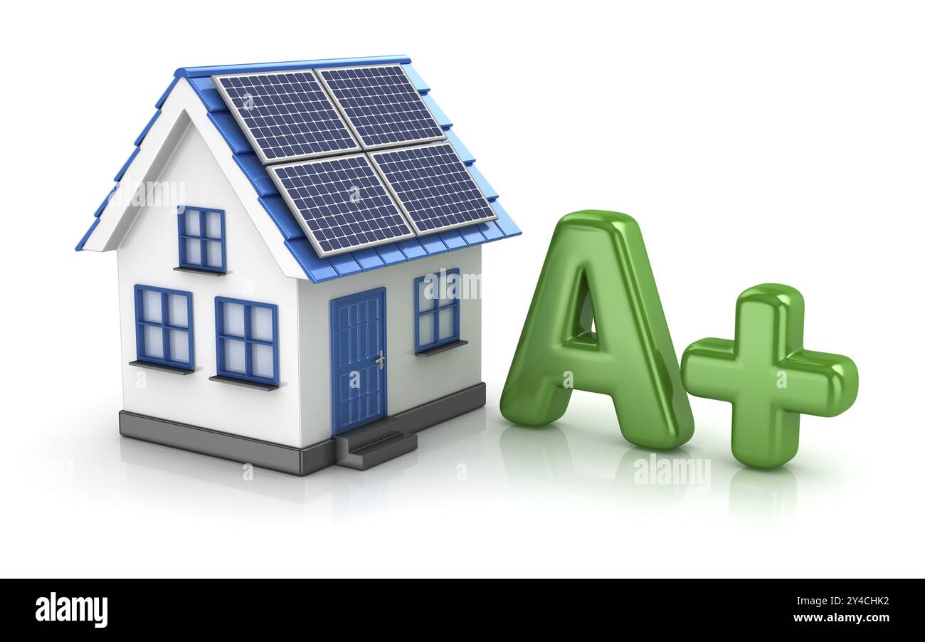 Energy Saver with Solar Panel (risparmio energetico con pannello solare), si tratta di un'immagine generata dal computer con rendering 3d. Isolato su White Foto Stock