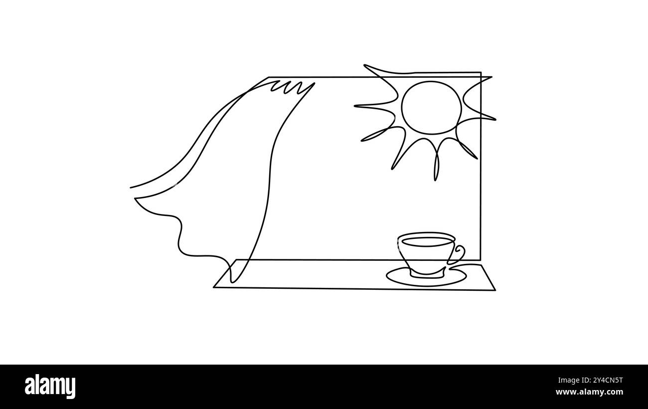 Vista finestra su una linea continua per le vacanze mattutine. Silhouette Travel hotel viaggio da sogno paesaggio marino da casa. Tazza da caffè digitale bianca Illustrazione Vettoriale