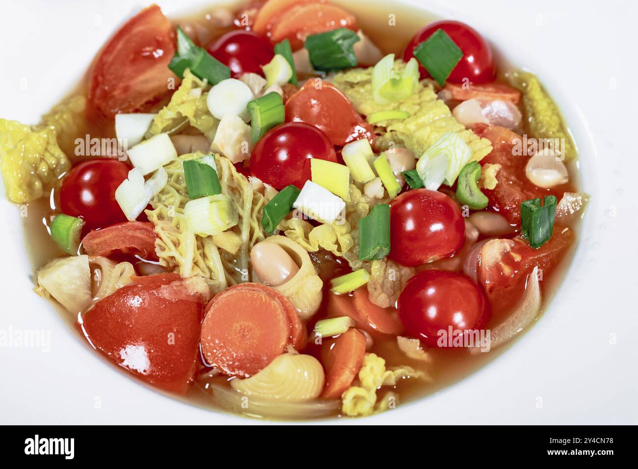 Minestrone con cavolo della savoia, carote, fagioli di Thracia phaseolina, cobbettis e pomodori Foto Stock