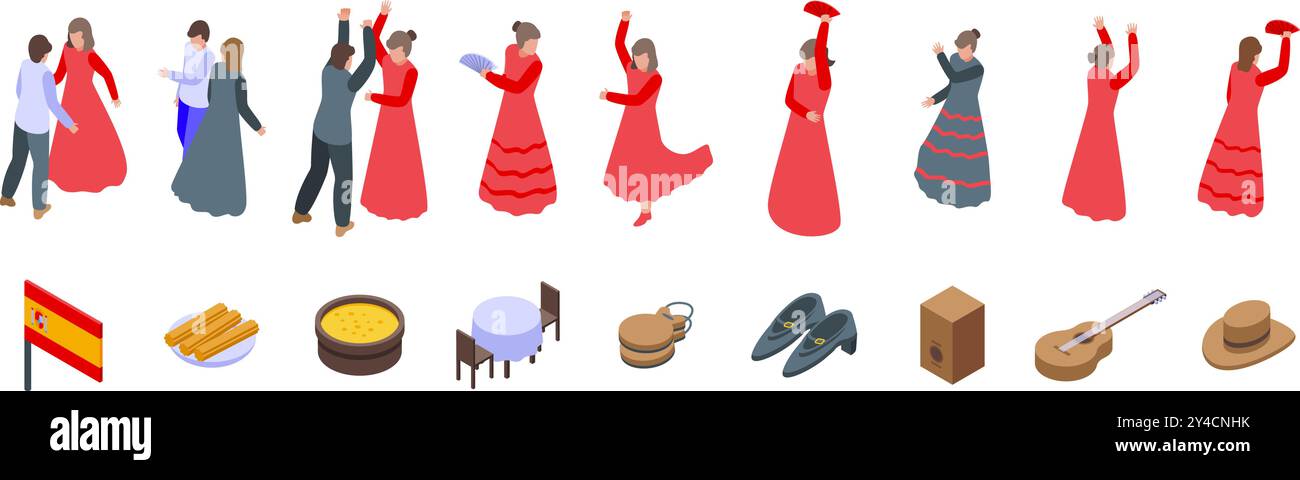 Set di icone di flamenco femminili. Si tratta di un insieme di icone isometriche che presentano gente che danzano flamenco con oggetti e cibo tradizionali spagnoli Illustrazione Vettoriale