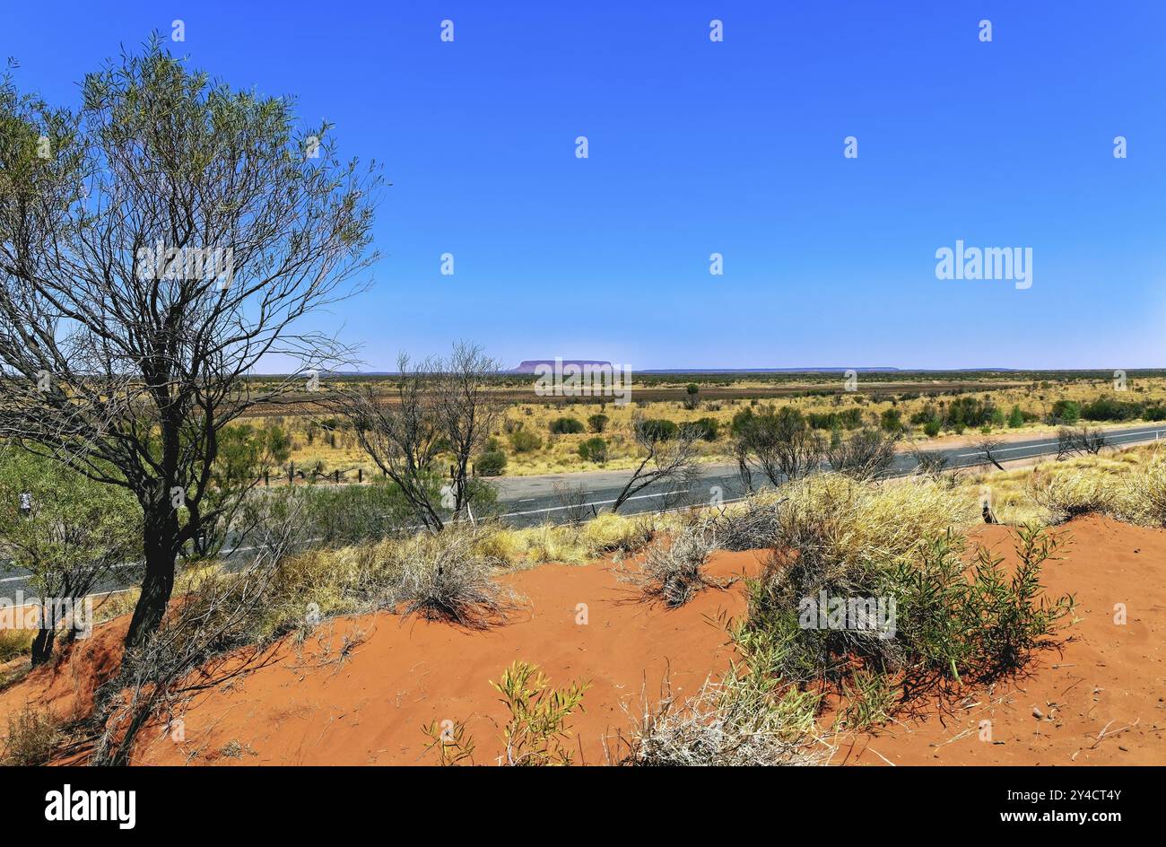 Outback, nel centro rosso del Northern Territory con la Lasseter Highway e il Monte Connor Foto Stock