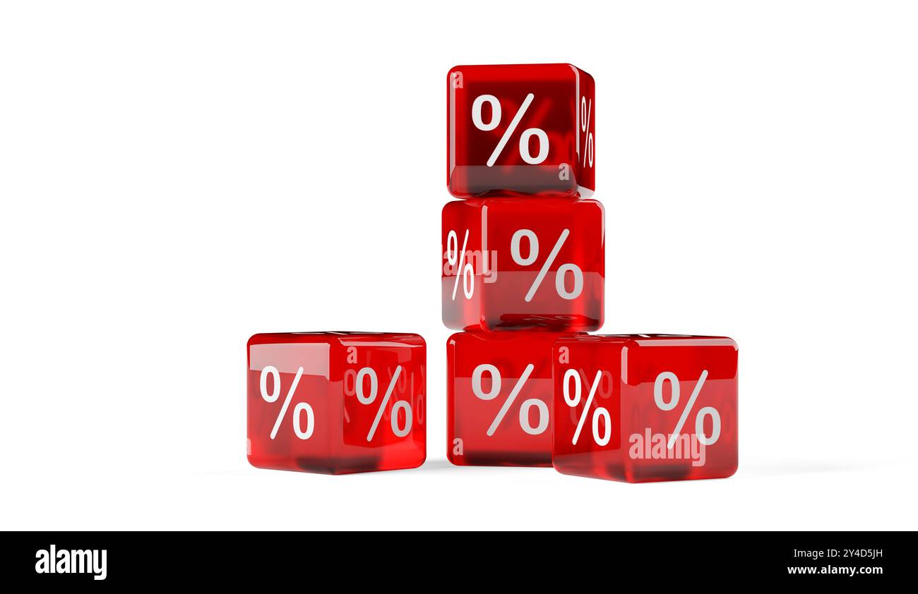 Cubetti o dadi rossi trasparenti impilati con simbolo di percentuale su sfondo bianco, concetto di sconto o riduzione dei prezzi di vendita, illustrazione 3D. Foto Stock