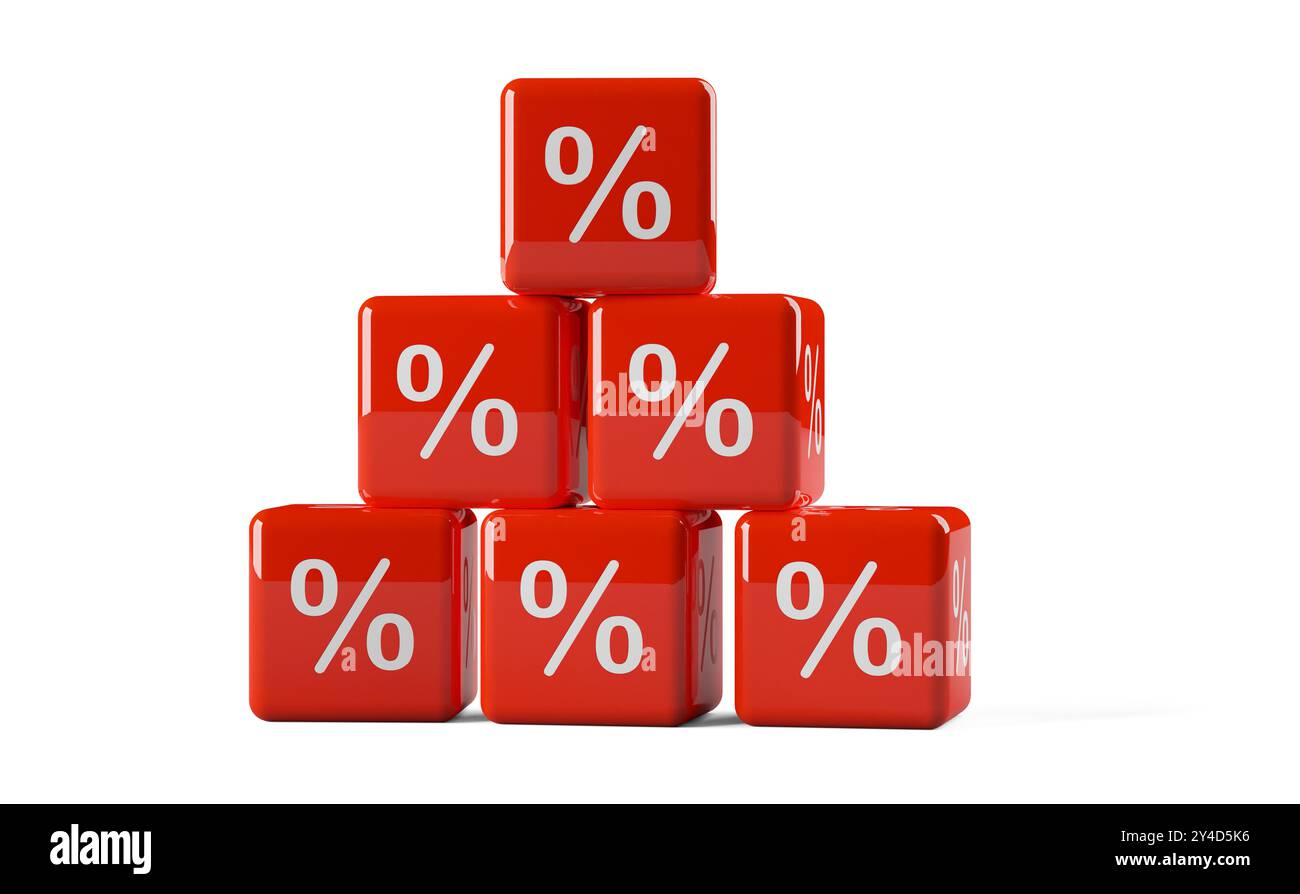 Piramide di cubetti o dadi rossi con simbolo di percentuale su sfondo bianco, concetto di vendita, sconto o riduzione dei prezzi di vendita, illustrazione 3D. Foto Stock