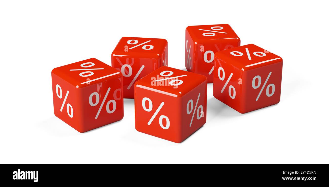 Cinque cubetti o dadi rossi con il simbolo del segno di percentuale su sfondo bianco, concetto di vendita, sconto o riduzione del prezzo di vendita, illustrazione 3D. Foto Stock