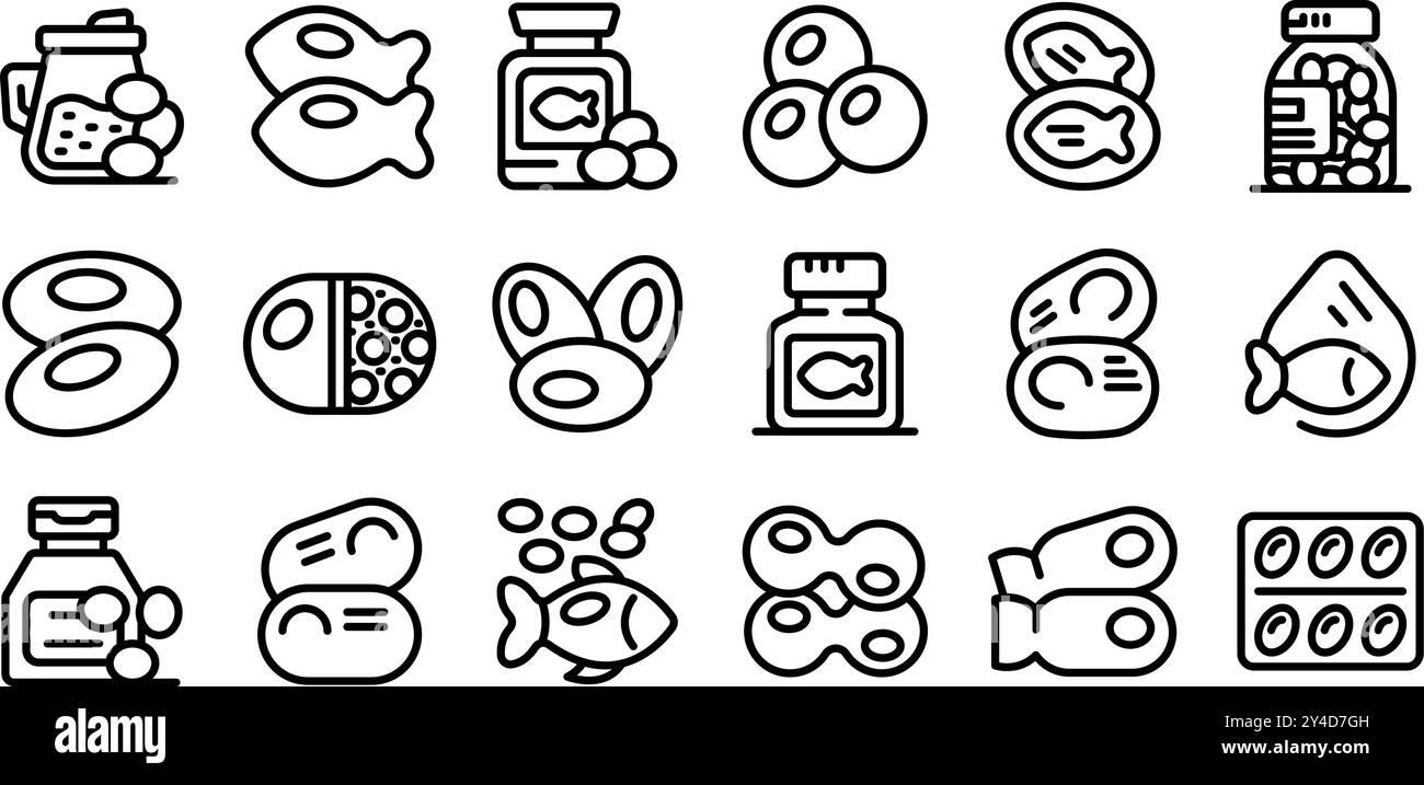 Set di icone della capsula di olio di pesce. Prodotto a base di olio di pesce per una nutrizione sana insieme icone. Contorno del prodotto a base di olio di pesce per icone vettoriali nutrizionali sane Illustrazione Vettoriale