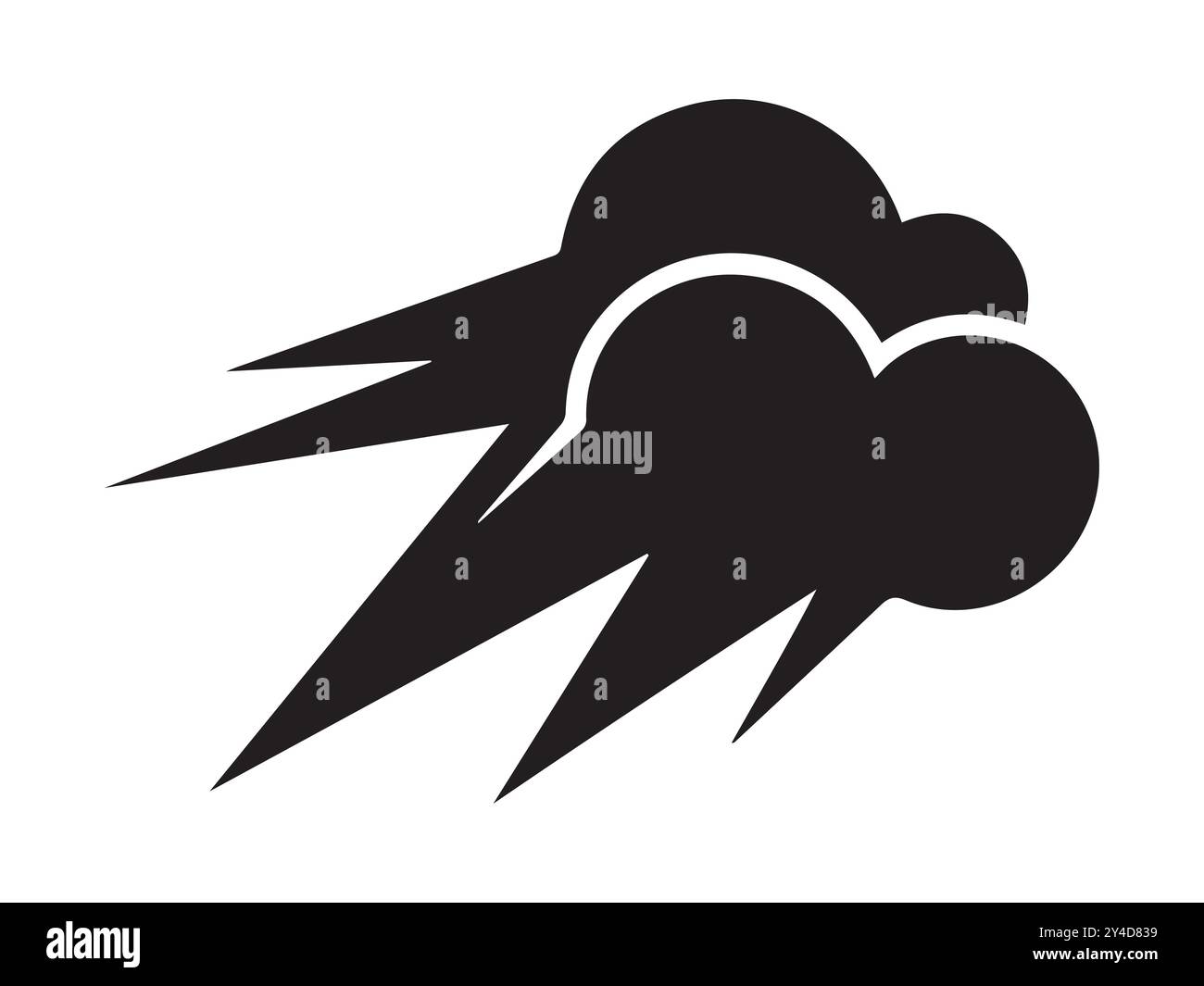 Silhouette nera di una nuvola di tempesta con fulmini isolati su sfondo bianco. Concetto di illustrazione meteorologica, temporale, stile minimalista, clim Illustrazione Vettoriale