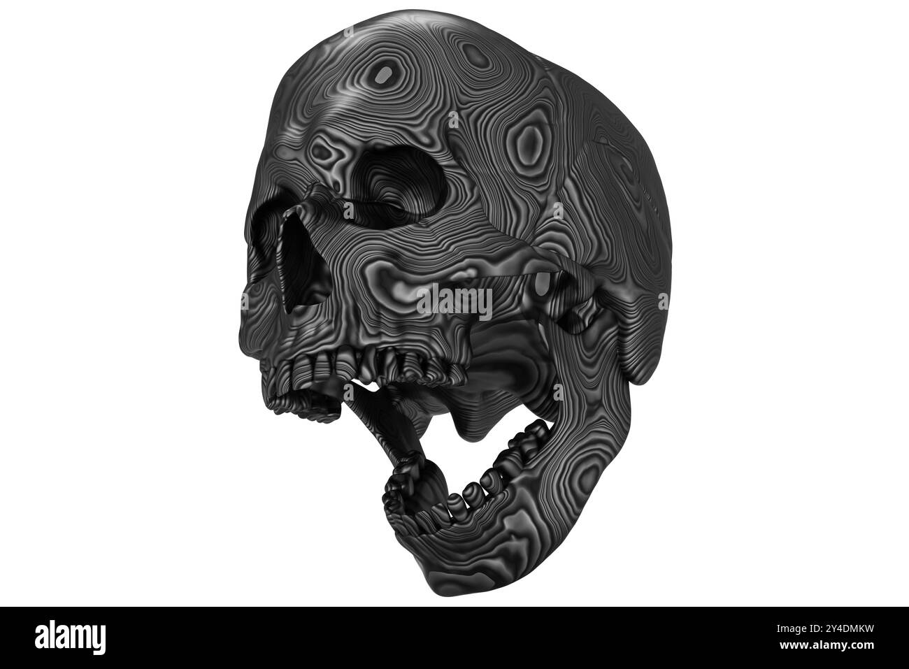 Cranio in acciaio Damasco mezzo cranico isolato su sfondo bianco. Rendering 3D. Ispirato alle ossa umane, allo scheletro, ad Halloween e al giorno dei morti. Foto Stock