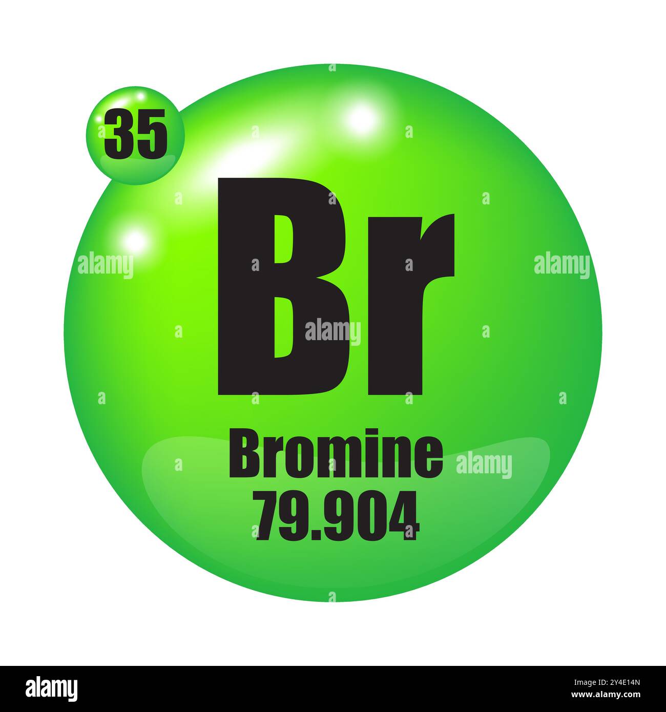 Icona del bromo. Elemento chimico BR. Numero atomico 35. Massa 79.904. Immagine sfera verde. Simbolo vettoriale. Illustrazione Vettoriale