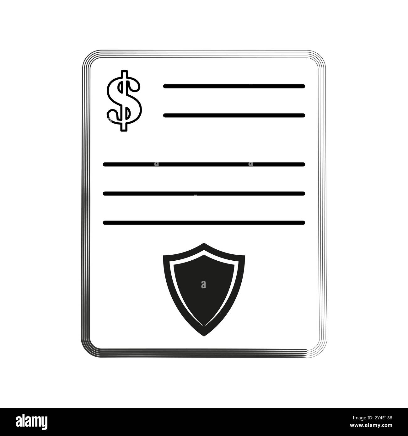 Icona del documento con il simbolo del dollaro e uno scudo in basso, che rappresenta la garanzia finanziaria o l'assicurazione. Design minimalista in bianco e nero. Illustrazione Vettoriale
