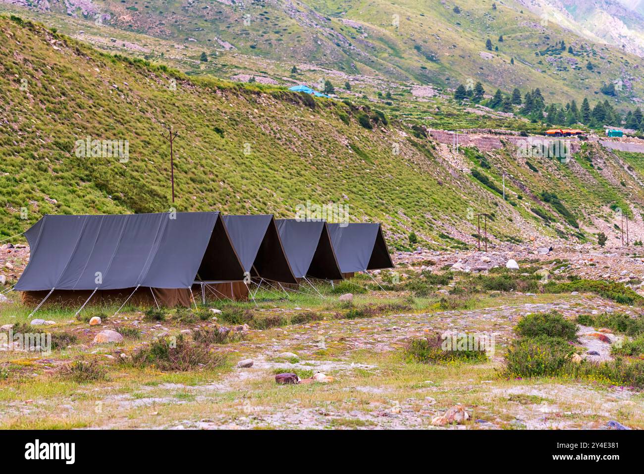 Tende da cottage svizzere situate vicino ai fiumi Baspa, per visitare i turisti, a Chitkul, Himachal Pradesh, India. Foto Stock