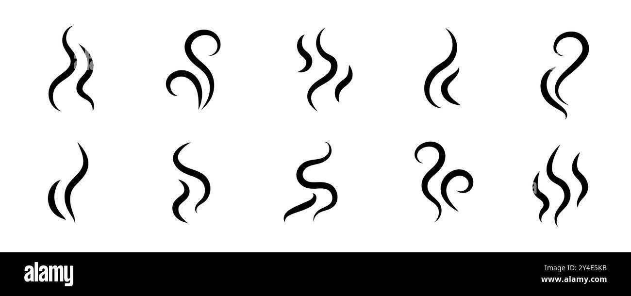 Set di logo del vettore dell'icona del vapore di fumo. Illustrazione dell'icona dell'odore di fumo, dell'aroma di vapore e del calore. Logo della linea di scarabocchi fuoco vapore caldo. Colpire puzza, caffè, fragranza elementi fiamma. Illustrazione vettoriale. Illustrazione Vettoriale